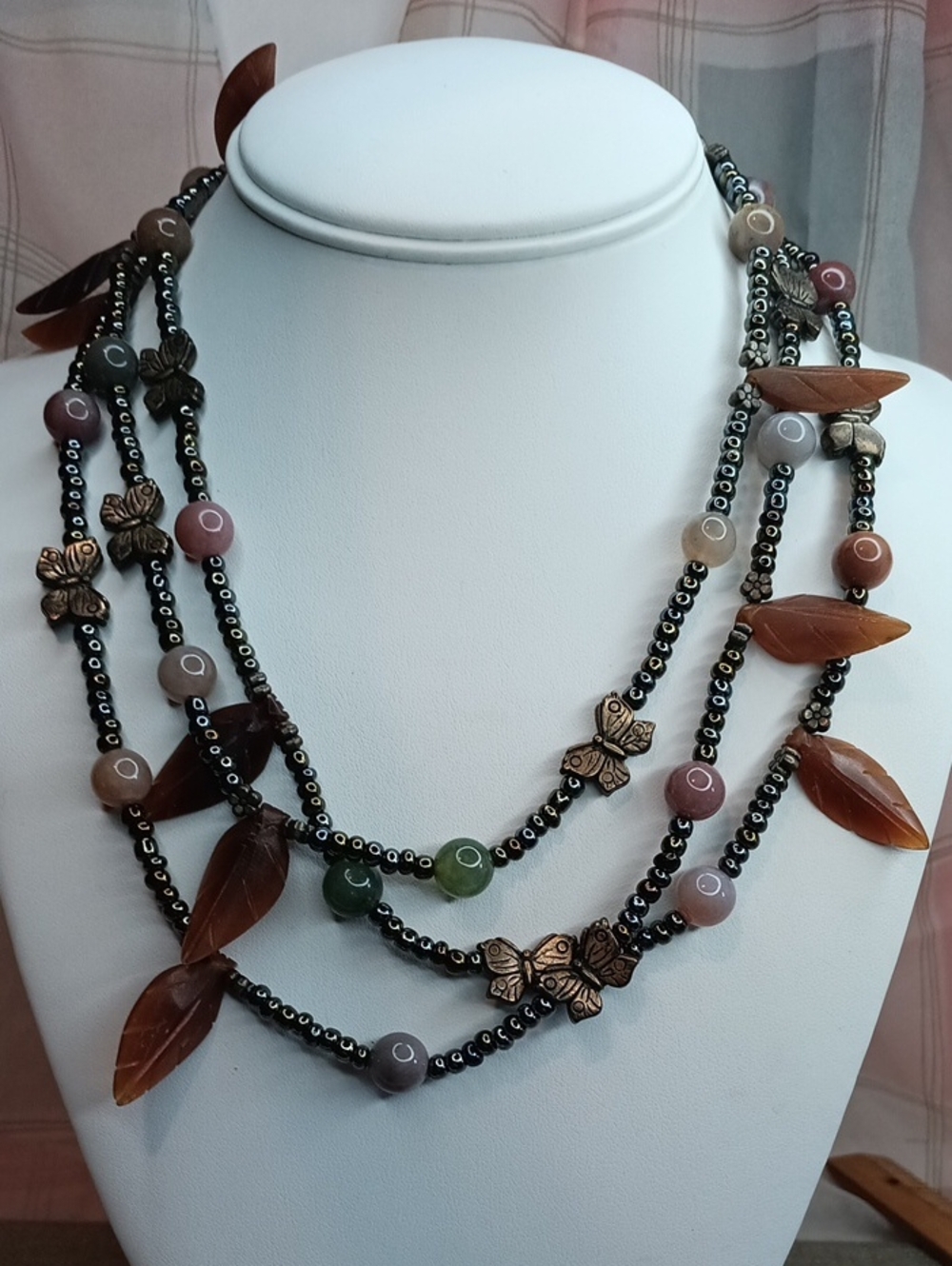 Multicolor Earthy Beaded Layered Necklace with Leaf & Butterfly Accents 19" Long